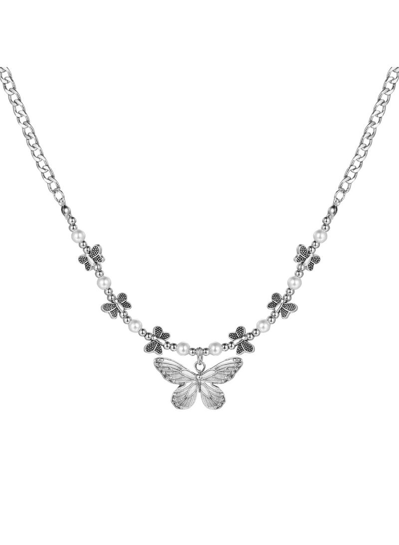 Huitich Silver Color Tone Butterfly Pendant Necklace with Small Beads and Mini Butterfly Charms for Women  - Image 1