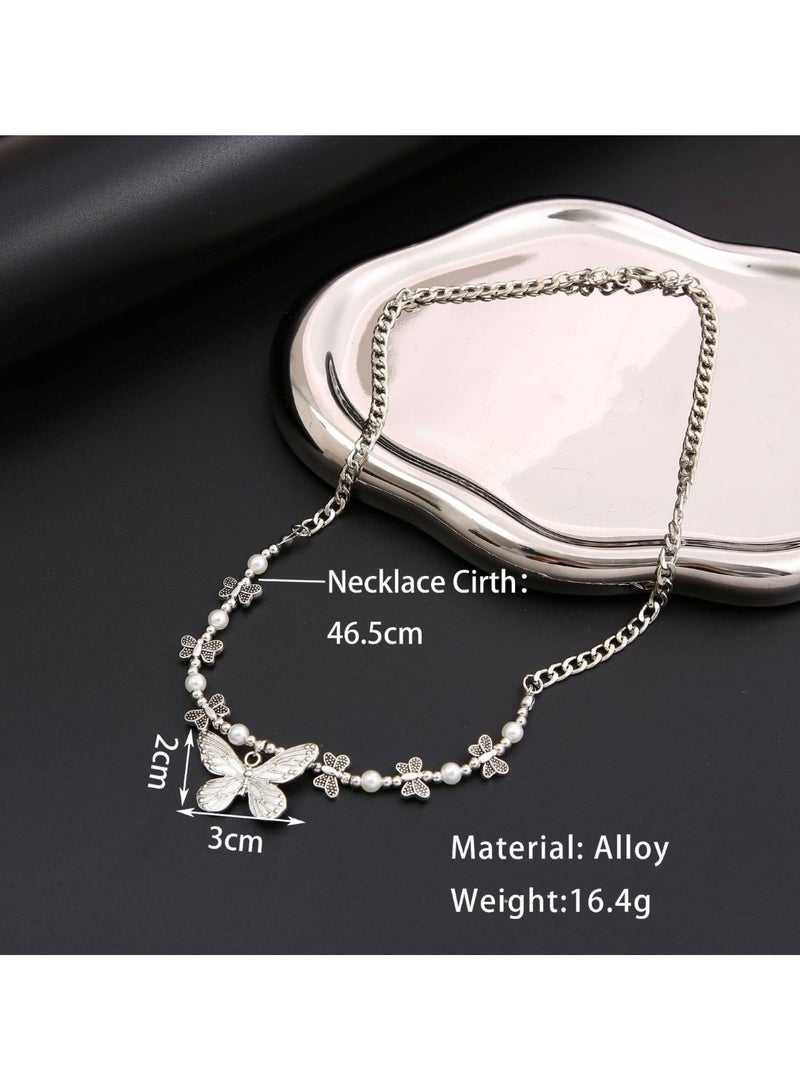 Huitich Silver Color Tone Butterfly Pendant Necklace with Small Beads and Mini Butterfly Charms for Women  - Image 3