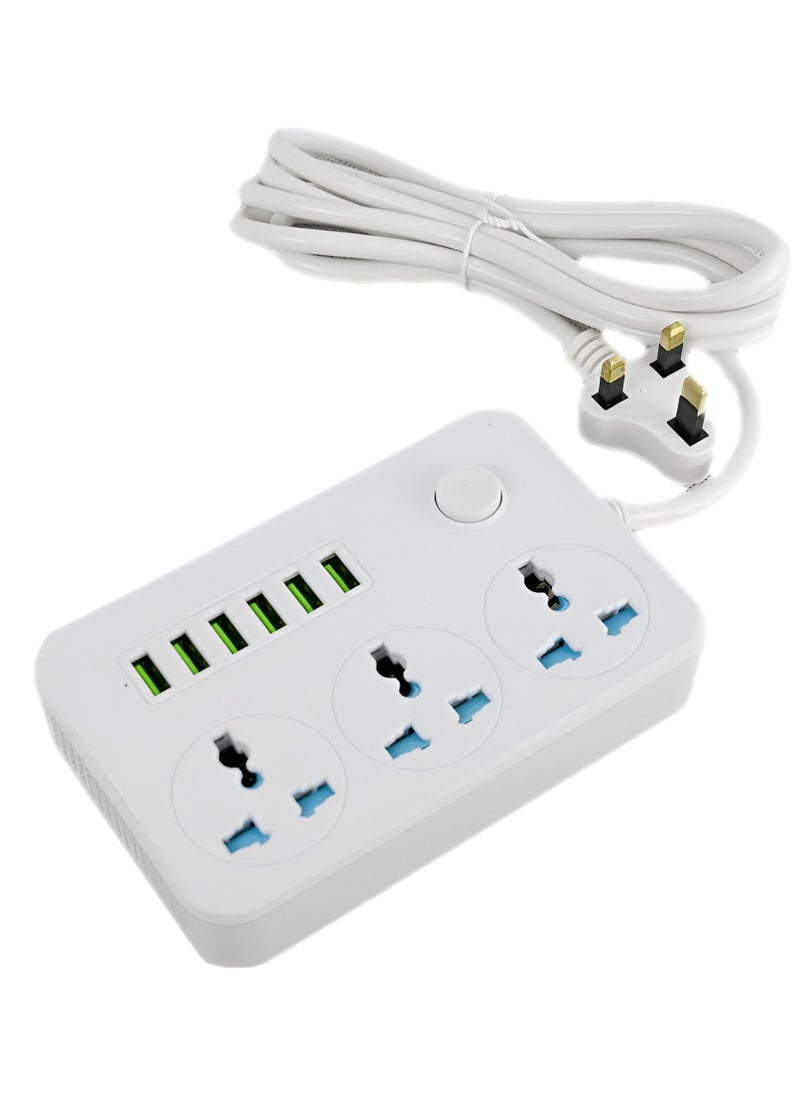 BORTONY Extension Board with 6 USB Port Universal Plug Wire Extension with 3 AC Socket Cord Extension Size 150x97x30mm White  - Image 1