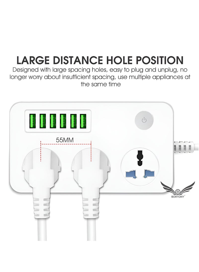 BORTONY Extension Board with 6 USB Port Universal Plug Wire Extension with 3 AC Socket Cord Extension Size 150x97x30mm White  - Image 2