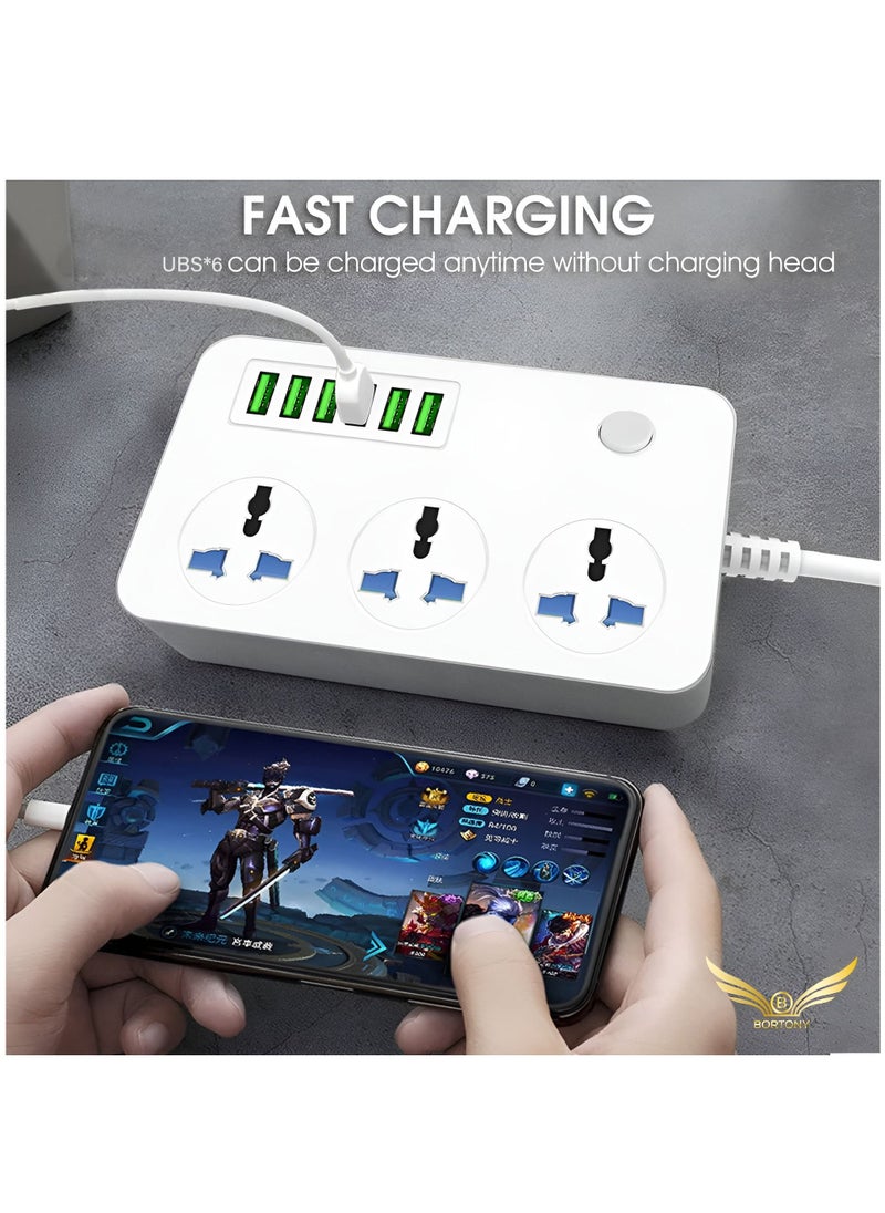 BORTONY Extension Board with 6 USB Port Universal Plug Wire Extension with 3 AC Socket Cord Extension Size 150x97x30mm White  - Image 4