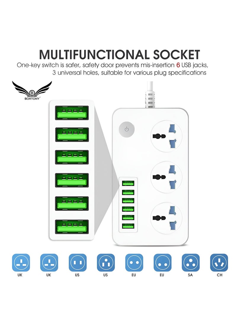 BORTONY Extension Board with 6 USB Port Universal Plug Wire Extension with 3 AC Socket Cord Extension Size 150x97x30mm White  - Image 3