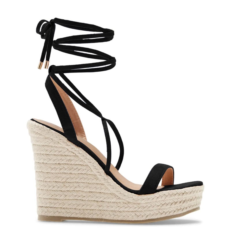 Coutgo Womens Lace Up Wedge Sandals Espadrille Slingback Ankle Cross Strap Platform Suede Open Toe Summer Dress Heeled Shoes 8.5 - Image 2