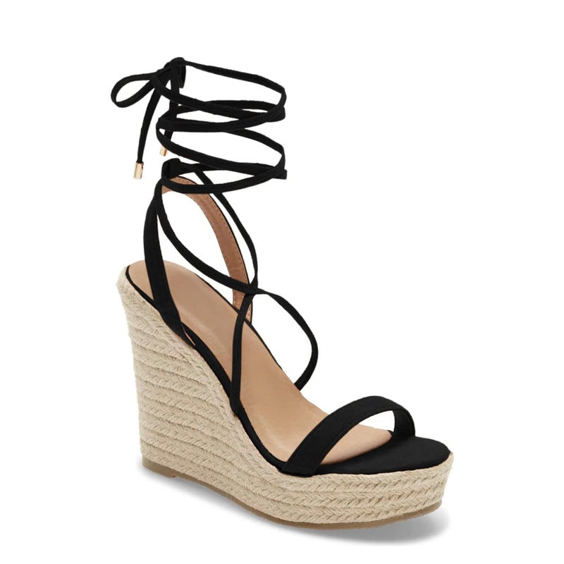 Coutgo Womens Lace Up Wedge Sandals Espadrille Slingback Ankle Cross Strap Platform Suede Open Toe Summer Dress Heeled Shoes 8.5 - Image 1