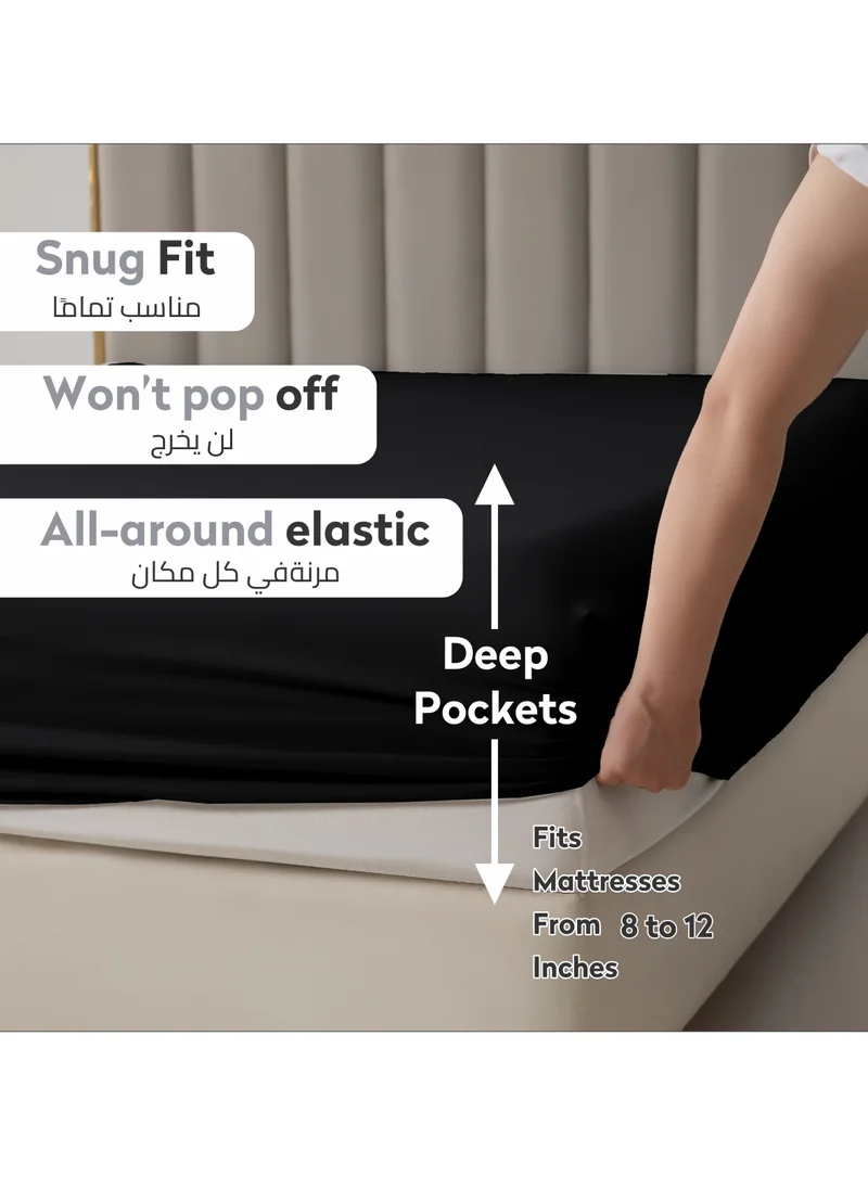 Donetella Bedding Fitted Sheet 2-Pcs Twin Size Solid Bed Sheet Set Fits(120x200CM) With Pillowcases And 30 CM Extra Deep Brushed Microfiber Bed Sheet,Black