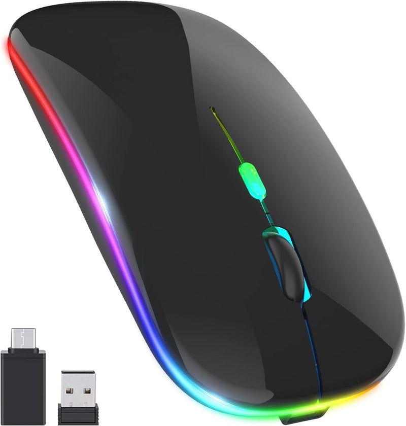 CLUSPEX LED Wireless Mouse, Slim Silent Mouse 2.4G Portable Mobile Optical Office Mouse with USB & Type-c Receiver, 3 Adjustable DPI Levels for Notebook, PC, Laptop, Computer (Bright Black) - Image 1
