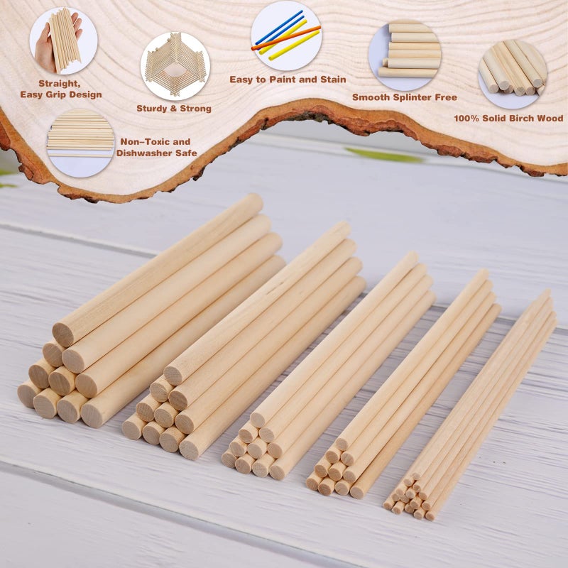 Moukiween Wooden Dowel Rods, 100PCS 1/8, 3/16, 1/4, 5/16, 3/8 x 6 Inch Assorted Sizes Round Wooden Sticks for Arts Crafts, Home Decor, Cake Support, Unfinished Natural Hardwood Sticks - Image 3