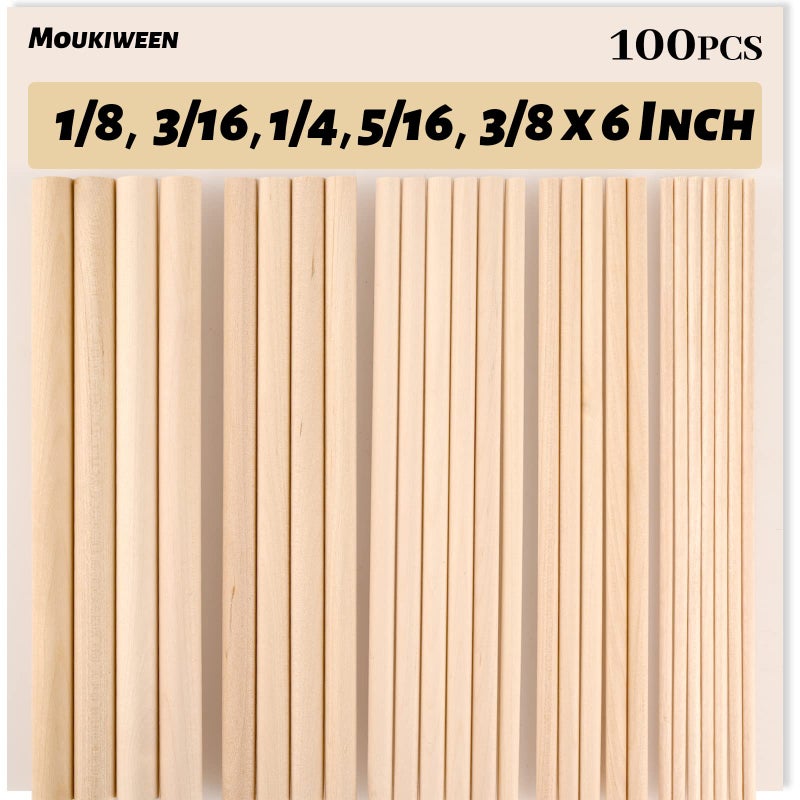 Moukiween Wooden Dowel Rods, 100PCS 1/8, 3/16, 1/4, 5/16, 3/8 x 6 Inch Assorted Sizes Round Wooden Sticks for Arts Crafts, Home Decor, Cake Support, Unfinished Natural Hardwood Sticks - Image 1