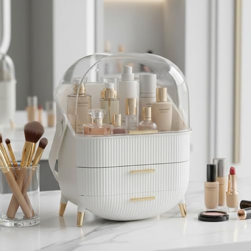 Qshare Makeup Organizer With Handle & Golden Legs - Portable Makeup Vanity Box For Travel, Dressing Table & Parlour - Cosmetic Box Use For Skincare, Cosmetic & Jewelry Holder For Women & Girls (White) - Image 3