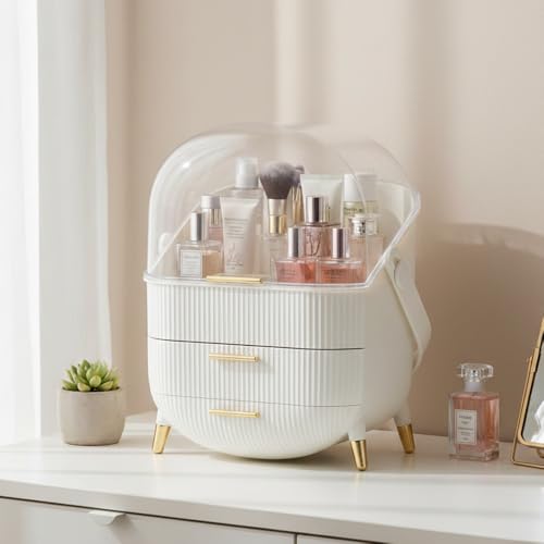 Qshare Makeup Organizer With Handle & Golden Legs - Portable Makeup Vanity Box For Travel, Dressing Table & Parlour - Cosmetic Box Use For Skincare, Cosmetic & Jewelry Holder For Women & Girls (White) - Image 1