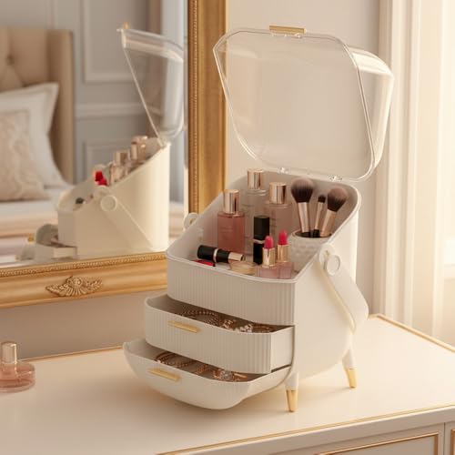 Qshare Makeup Organizer With Handle & Golden Legs - Portable Makeup Vanity Box For Travel, Dressing Table & Parlour - Cosmetic Box Use For Skincare, Cosmetic & Jewelry Holder For Women & Girls (White) - Image 5