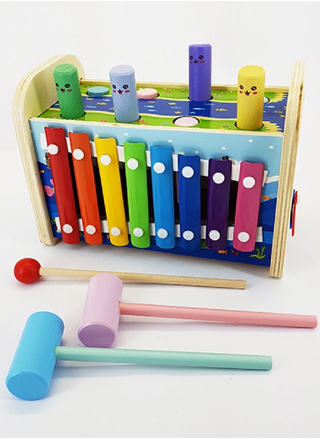 BAYBEE 3 In 1 Wooden Hammering Pounding Bench Toy For Kids With Xylophone Clock Hammer Toy Pounding Bench Musical Instrument Toy Montessori Early Learning Development Educational Hammer Toy For Kids  - Image 2