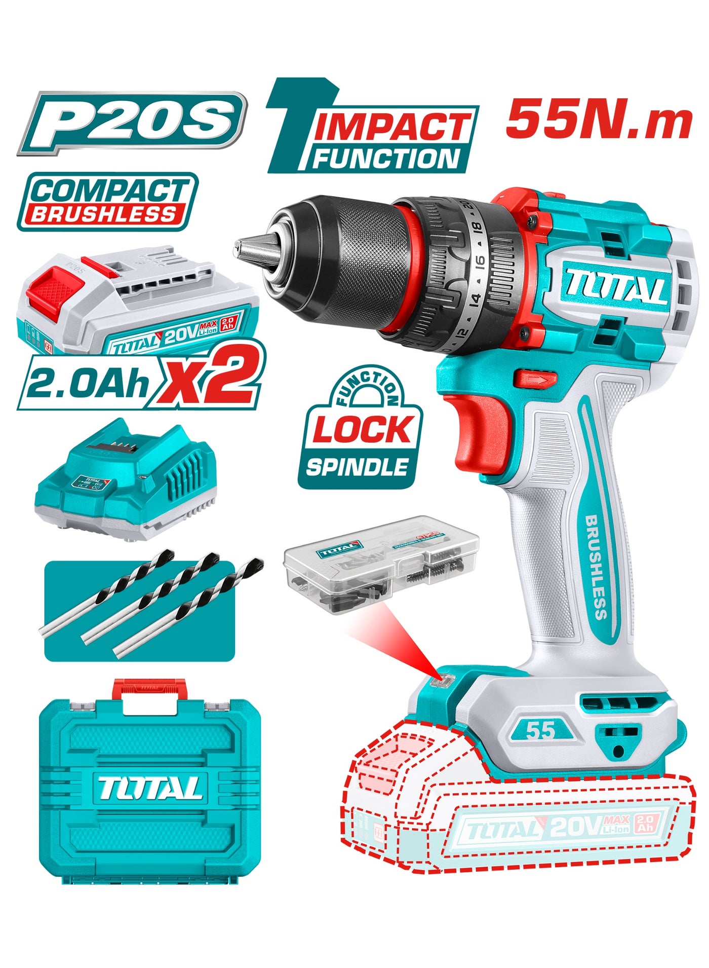 Total Compact 20V 55N.M Brushless Cordless Impact Drill