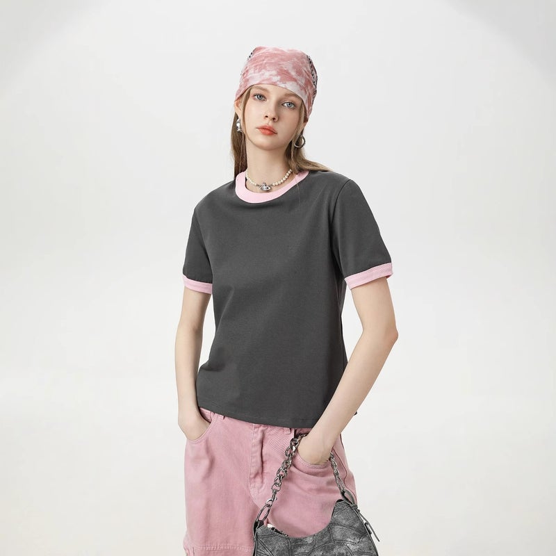 تي شيرت نسائي قصير برقبة دائرية بتصميم أمريكي ثقيل بلوك ألوان - Image 4