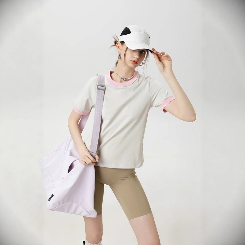 تي شيرت نسائي قصير برقبة دائرية بتصميم أمريكي ثقيل بلوك ألوان - Image 1