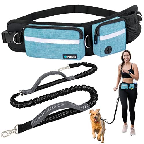 PetAmi Hands Free Dog Leash Dog Running Leash Belt Bag for Walking Jogging Dog Waist Double Zipper Pouch with Poop Bag Dispenser Dual Padded Handles Reflective Bungee Leash Single Turquoise - Image 1
