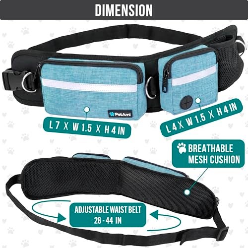 PetAmi Hands Free Dog Leash Dog Running Leash Belt Bag for Walking Jogging Dog Waist Double Zipper Pouch with Poop Bag Dispenser Dual Padded Handles Reflective Bungee Leash Single Turquoise - Image 3