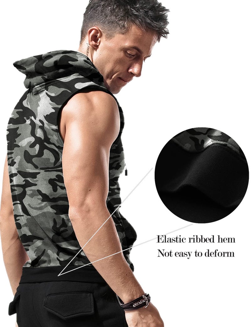 Amussiar Mens Workout Tank Tops with Hood Sleeveless Gym t-Shirt Muscles Tees Athletic Pockets Grey-Camouflage - Image 3