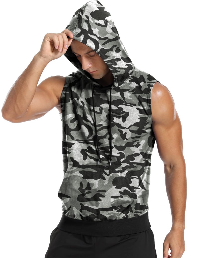 Amussiar Mens Workout Tank Tops with Hood Sleeveless Gym t-Shirt Muscles Tees Athletic Pockets Grey-Camouflage - Image 2