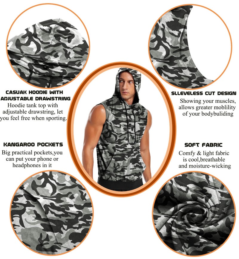 Amussiar Mens Workout Tank Tops with Hood Sleeveless Gym t-Shirt Muscles Tees Athletic Pockets Grey-Camouflage - Image 5