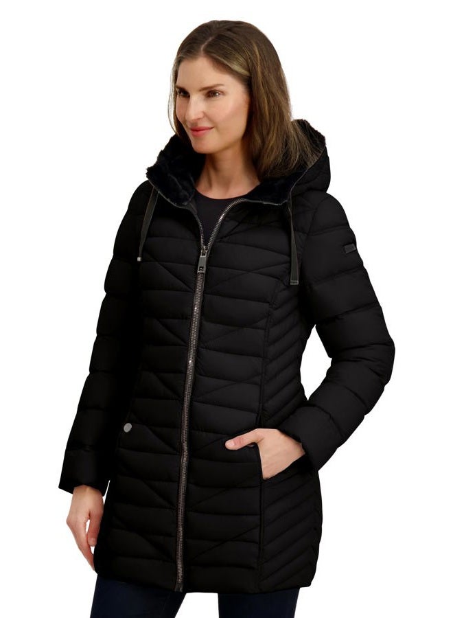 NAUTICA Women's Stretch Puffer Jacket with Faux Fur Lined Hood – Wind & Water-Resistant Winter Coat, Black, S - Image 2