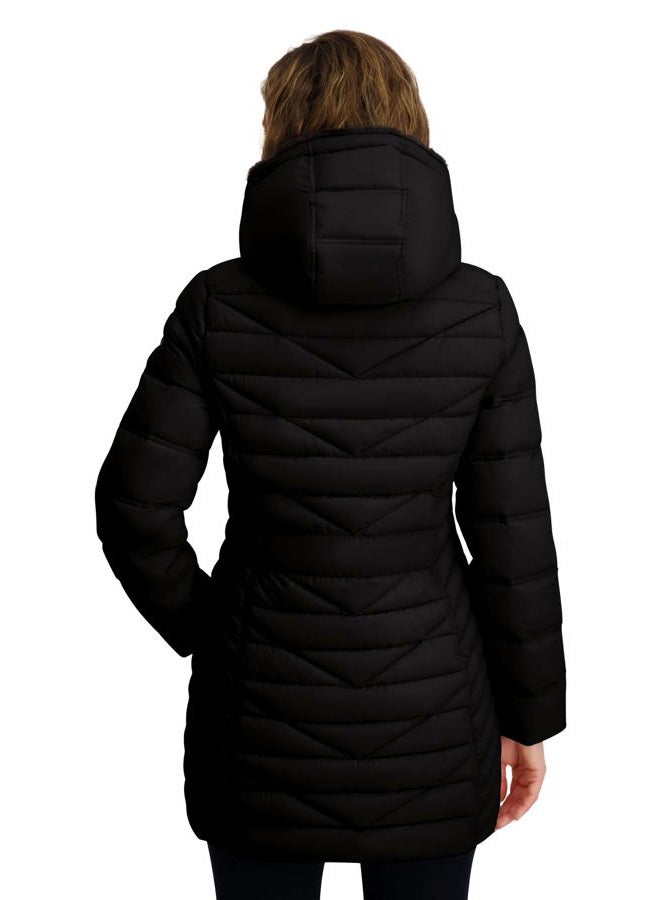 NAUTICA Women's Stretch Puffer Jacket with Faux Fur Lined Hood – Wind & Water-Resistant Winter Coat, Black, S - Image 3