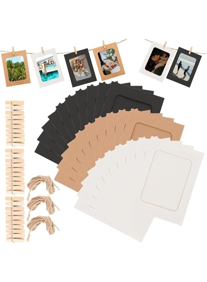 30 PCS Photo Banner, Picture Banner, Paper Photo Frames 4x6 with Rope and Clips, Suitable for DIY Display, Home, Office, Wedding and Party Decoration (White, Black, Cowhide) - Image 1