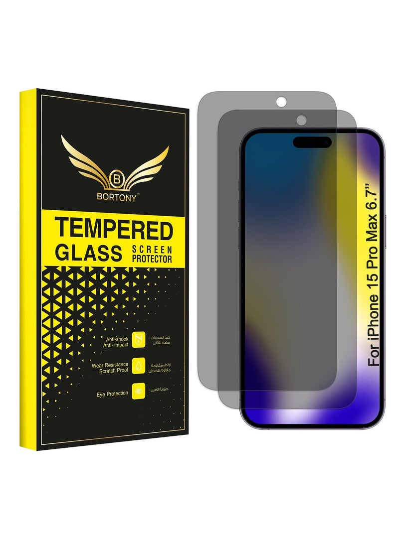 BORTONY - iPhone 15 Pro Max Privacy Screen Protector [2-Pack] Glass Anti Spy Scratch Resistant 9H Hardness Bubble Free Full Coverage Case Friendly for Apple iPhone 15 Pro Max 6.7 Inch - Image 1