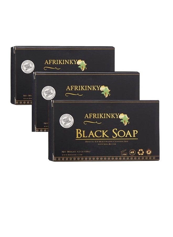 AFRIKINKY - Black Soap (3 Bars) | Authentic African Black Soap | Pure Raw Grade A – Skin Nourishing, Moisturizing -For Skin,Hair Care (Ghana) Premium (3 packs) - Image 1
