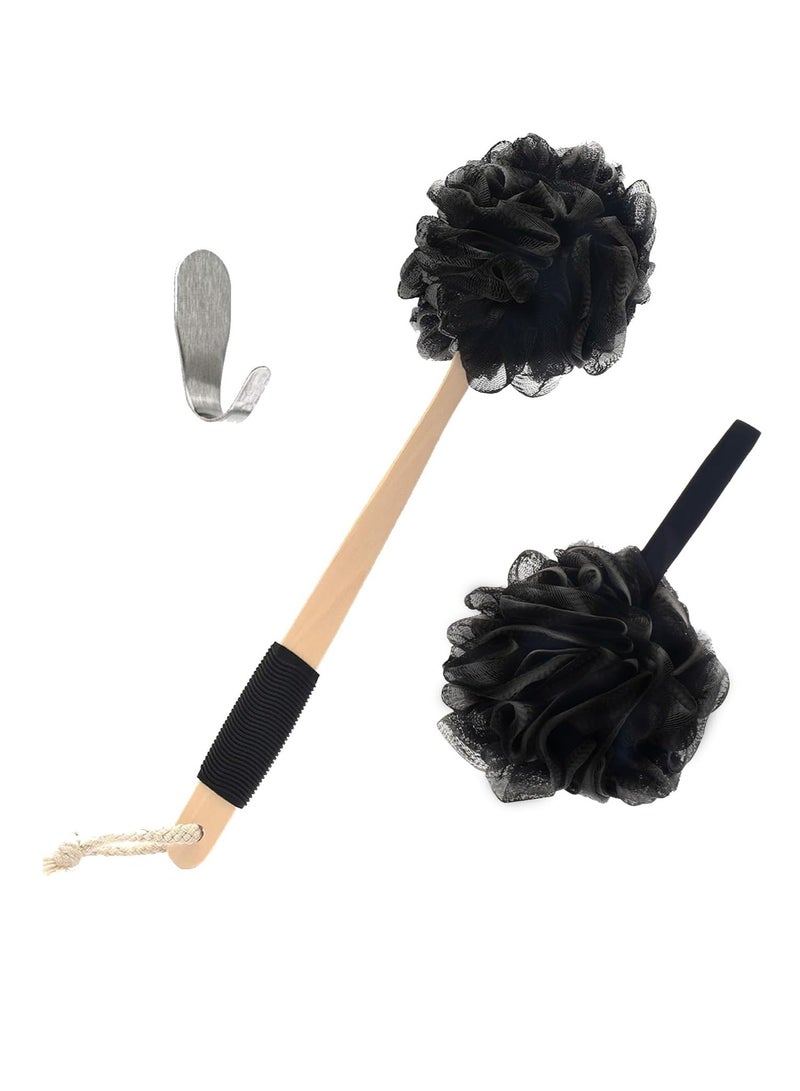 Yoove Loofah with Handle | Bamboo Charcoal Infused Loofah Back Scrubber for Shower | Exfoliating Back Loofah for Shower for Men & Women | includes 1 Loofah on a Stick,1 Loofa Pouf and 1 Hook (Black) - Image 1