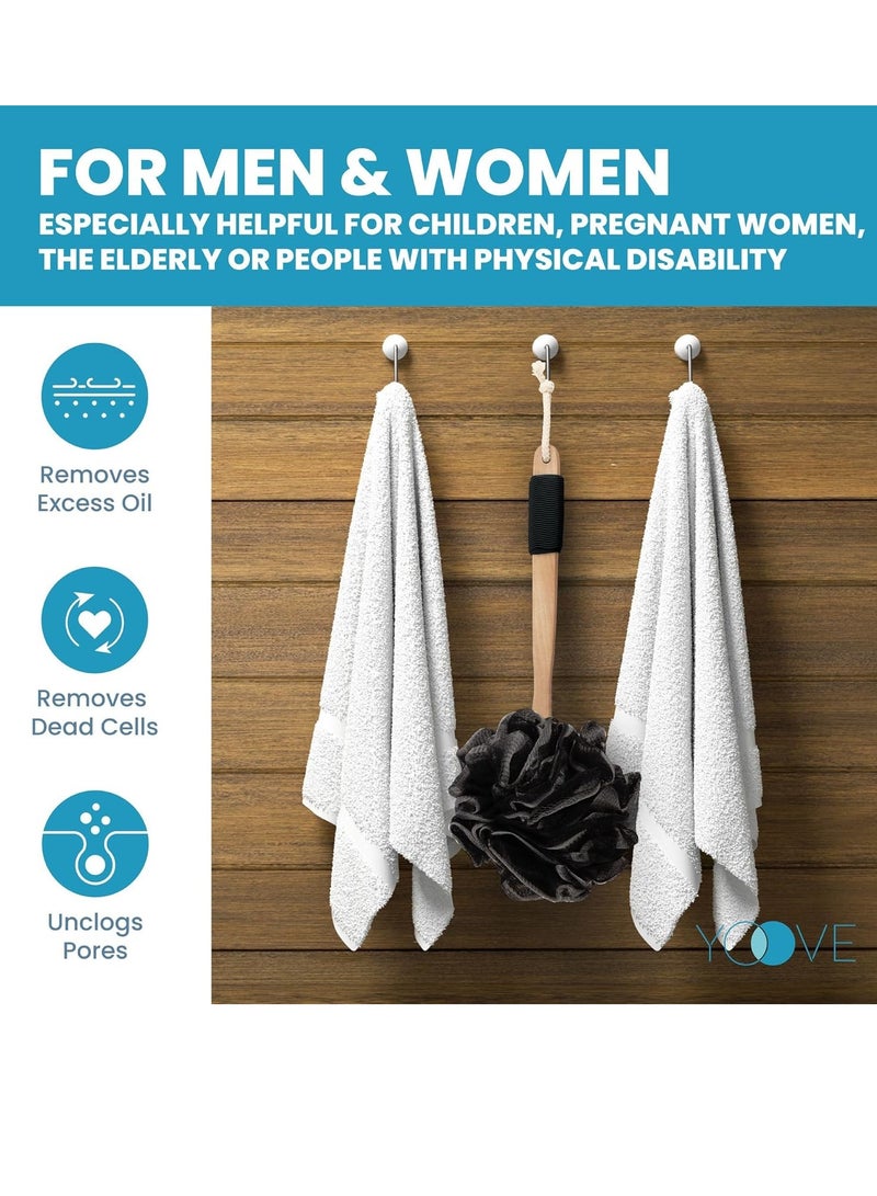 Yoove Loofah with Handle | Bamboo Charcoal Infused Loofah Back Scrubber for Shower | Exfoliating Back Loofah for Shower for Men & Women | includes 1 Loofah on a Stick,1 Loofa Pouf and 1 Hook (Black) - Image 3