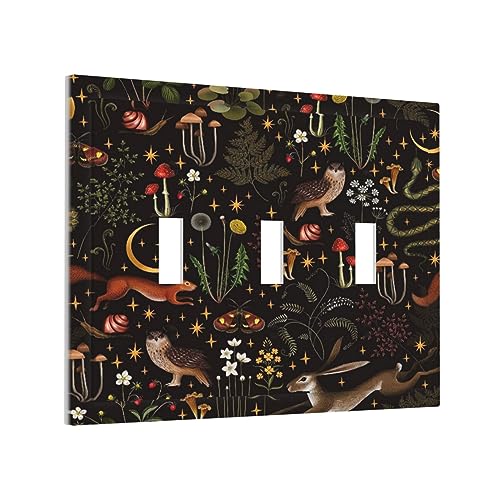 Yamxbfa Retro Mushroom Owl Snails Animals 3 Gang Light Switch Plate Decorative Vintage Black Background Triple Toggle Wall Plate Cover Electrical Faceplate for Bathroom Home Living Bedroom Art Panel Decor - Image 1