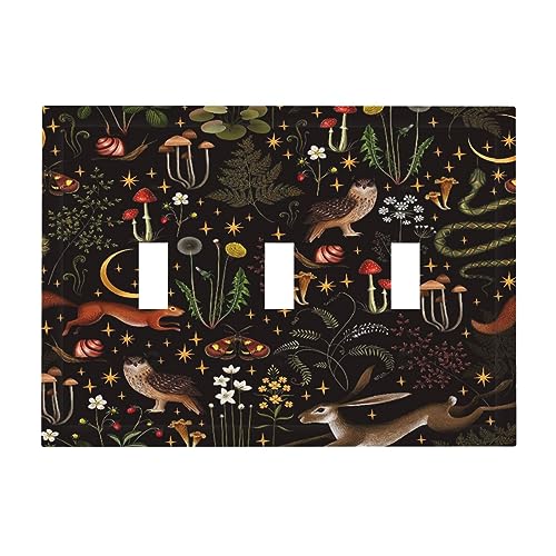 Yamxbfa Retro Mushroom Owl Snails Animals 3 Gang Light Switch Plate Decorative Vintage Black Background Triple Toggle Wall Plate Cover Electrical Faceplate for Bathroom Home Living Bedroom Art Panel Decor - Image 2