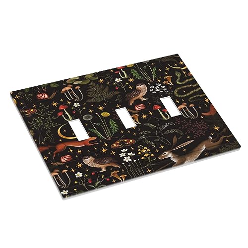 Yamxbfa Retro Mushroom Owl Snails Animals 3 Gang Light Switch Plate Decorative Vintage Black Background Triple Toggle Wall Plate Cover Electrical Faceplate for Bathroom Home Living Bedroom Art Panel Decor - Image 3