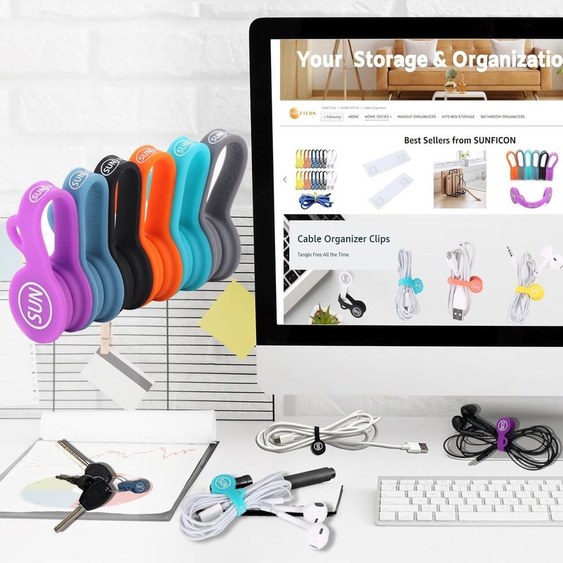 SUNFICON 6 Pack Magnetic Cord Organizers Cable Clips Cable Straps Silicone Twist Ties Colorful Headphone Cord Keeper Holder Manager Bookmark Whiteboard Fridge Magnet Keychain Gift Home,Office,School - Image 2