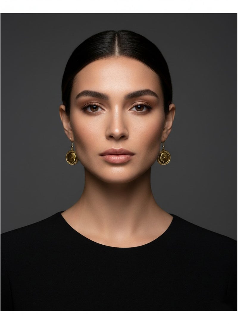 Julia Store 18K Gold Plated Stainless Steel Aesthetic Exquisite Luxury Romantic Elegant Dainty Trendy Charm Elegant Vintage Classic Antique King George Round Coin Dangle Earrings Jewelry Gift - Image 5