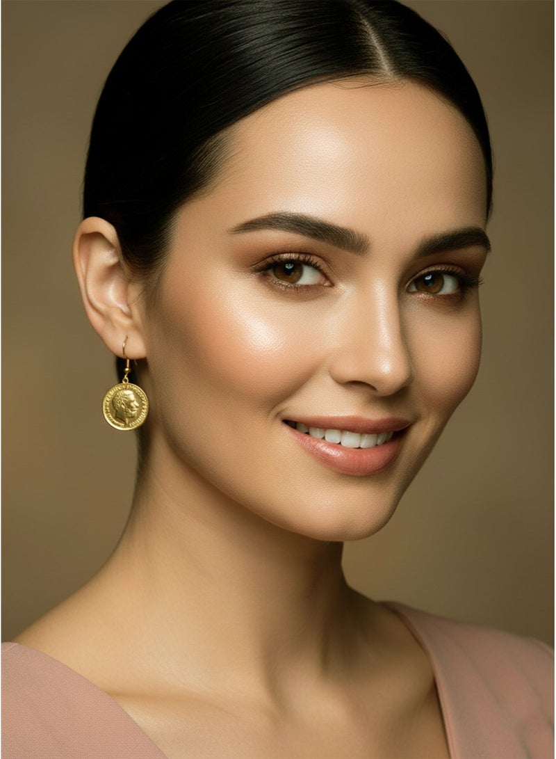 Julia Store 18K Gold Plated Stainless Steel Aesthetic Exquisite Luxury Romantic Elegant Dainty Trendy Charm Elegant Vintage Classic Antique King George Round Coin Dangle Earrings Jewelry Gift - Image 3