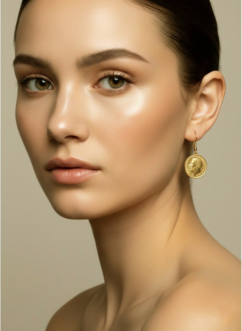 Julia Store 18K Gold Plated Stainless Steel Aesthetic Exquisite Luxury Romantic Elegant Dainty Trendy Charm Elegant Vintage Classic Antique King George Round Coin Dangle Earrings Jewelry Gift - Image 2