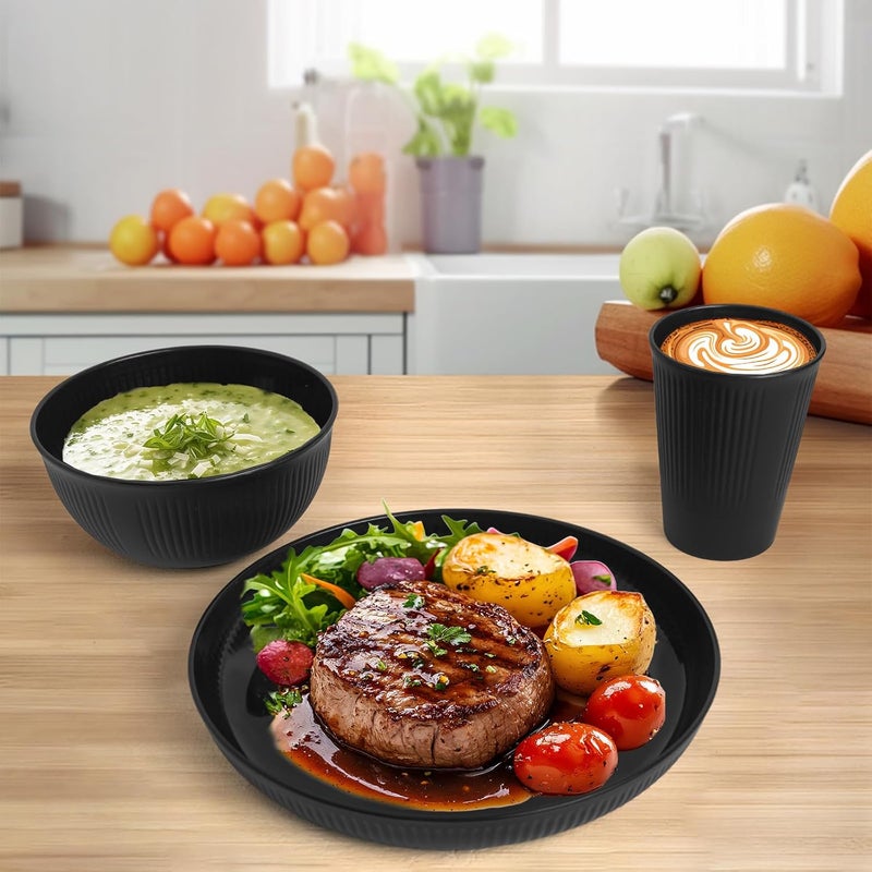 SHECIPIN 36 pcs Wheat Straw Dinnerware Sets Unbreakable Reusable Dinnerware Set Kitchen Cups Plates and Bowls Sets Dishwasher Microwave Safe PlatesOutdoor Camping Dishes Black - Image 5