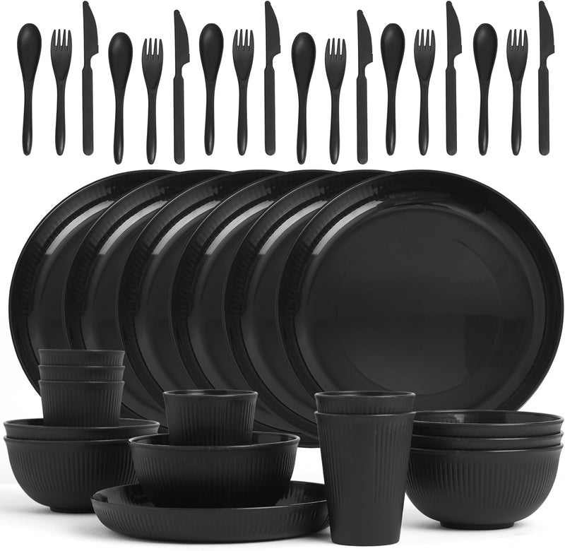 SHECIPIN 36 pcs Wheat Straw Dinnerware Sets Unbreakable Reusable Dinnerware Set Kitchen Cups Plates and Bowls Sets Dishwasher Microwave Safe PlatesOutdoor Camping Dishes Black - Image 1
