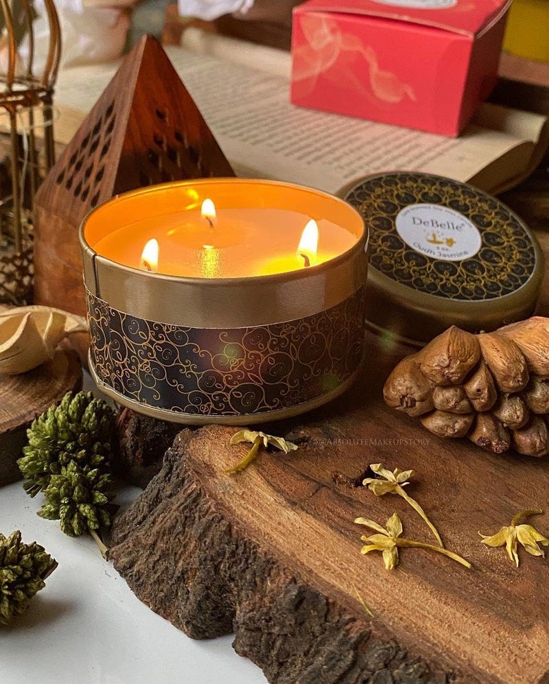 DeBelle Luxe Scented Soy Wax Candle - Oudh Jasmine | Upto 14 Hours| Best Gift, Decoration, Celebration Floral| Reusable Tin| Travel friendly Scented Candle - Image 3