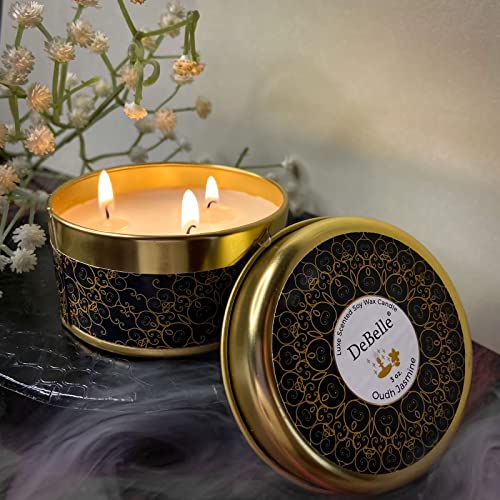 DeBelle Luxe Scented Soy Wax Candle - Oudh Jasmine | Upto 14 Hours| Best Gift, Decoration, Celebration Floral| Reusable Tin| Travel friendly Scented Candle - Image 1