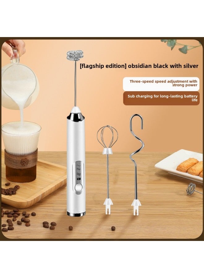 Handheld Electric Milk Frother Coffee Mixer Portable Rechargeable Milk Frother-Color:J-3 3 Mixing Head White  - Image 1
