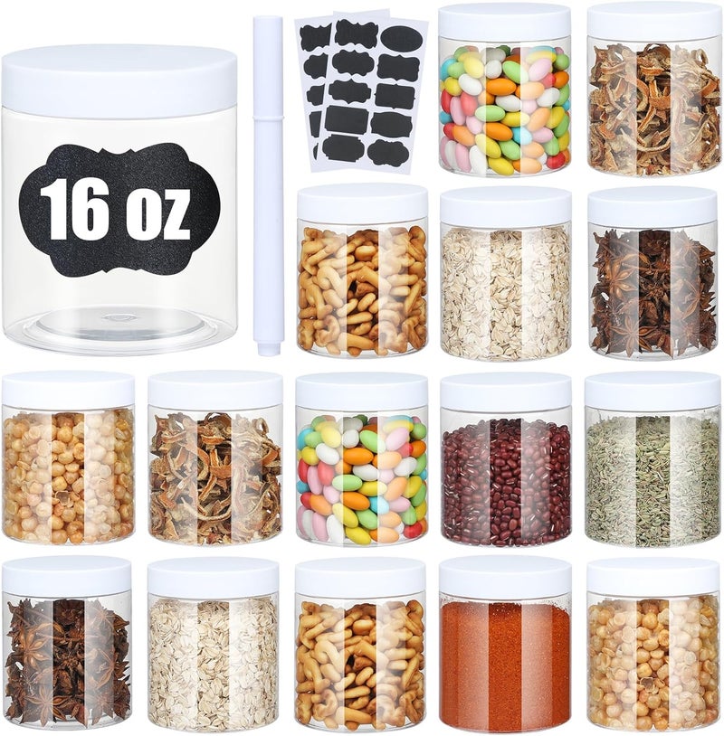 CrazyStorey Plastic Jars with Lids, 16 oz Plastic Containers with Lids Clear Airtight Container Storage Jar Mason Jars for Dry Food Peanut Butter Honey Jam Cosmetics, Pack of 16 (16 PCS White Lids) - Image 1