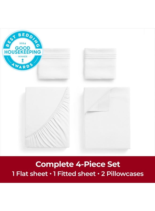 mellanni Bed Sheet Set - Brushed Microfiber 1800 Bedding - Wrinkle  Fade  Stain Resistant - 4 Piece  Cal King  White  - Image 2