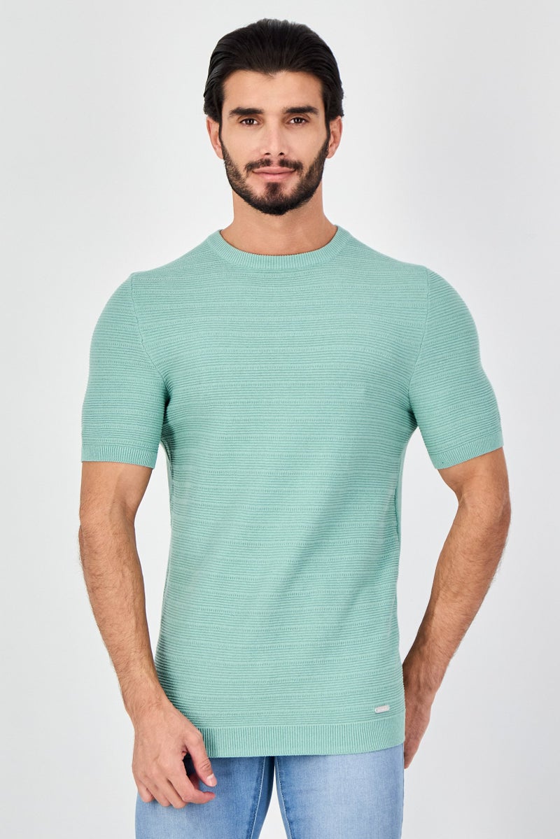 Threadbare Men Crew Neck Short Sleeve Knitted T-Shirt, Sage Green - Image 1