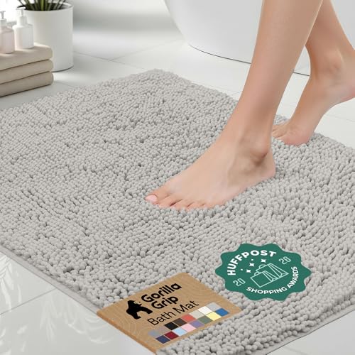 GORILLA GRIP Bath Rug Mat 30x20 Thick Soft Absorbent Chenille Quick Dry Microfiber Mats Rubber Backing Washable Shower Floor Rugs US Designed Bathroom Bathmat Home Decor Accessories Light Gray - Image 1