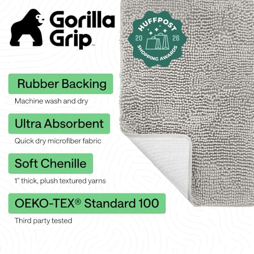 GORILLA GRIP Bath Rug Mat 30x20 Thick Soft Absorbent Chenille Quick Dry Microfiber Mats Rubber Backing Washable Shower Floor Rugs US Designed Bathroom Bathmat Home Decor Accessories Light Gray - Image 3