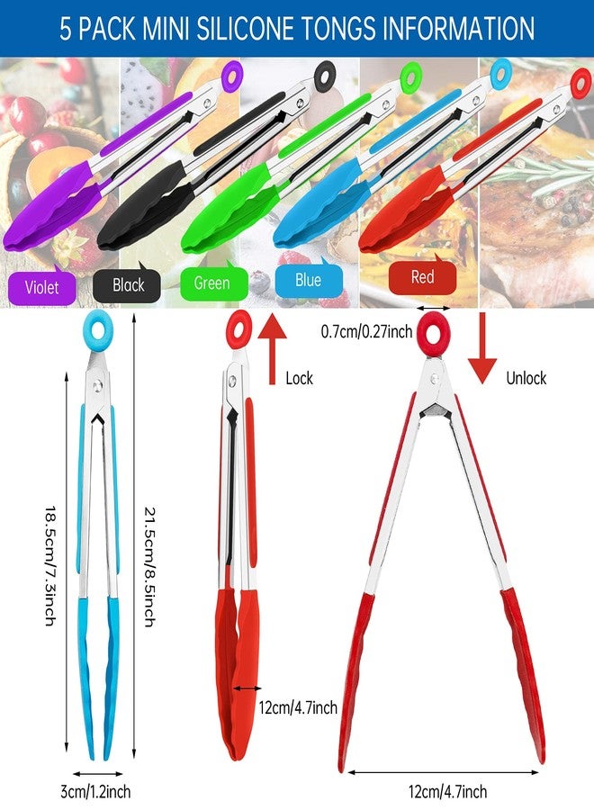 Extrapins 7 Inch Silicone small Tongs Set, mini Kitchen tongs with Silicone Tips Food Tongs Stainless Steel Cooking Tongs for Salad, Grilling, Frying and Cooking (Blue,Green,Red,Purple,Black, 5 Pieces) - Image 2