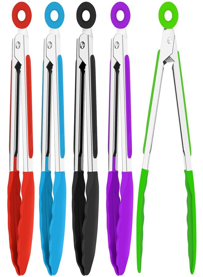 Extrapins 7 Inch Silicone small Tongs Set, mini Kitchen tongs with Silicone Tips Food Tongs Stainless Steel Cooking Tongs for Salad, Grilling, Frying and Cooking (Blue,Green,Red,Purple,Black, 5 Pieces) - Image 1